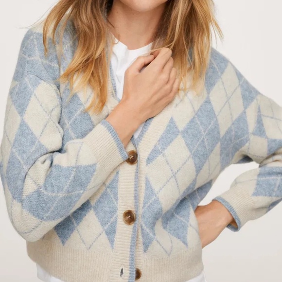 MANGO Knitted Cardigan With Diamonds | Argyle Blue Cream - Size S - Picture 5 of 5